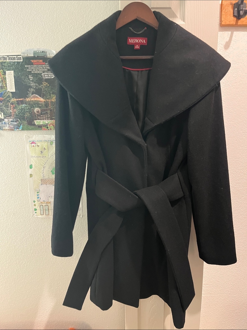 Merona Black Wrap Trench Coat with Wide Shawl Collar